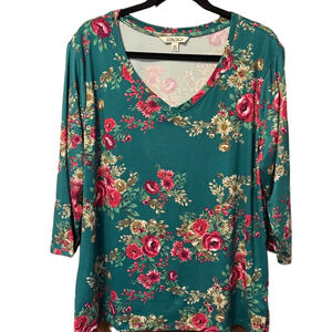 The Pioneer Woman Vibrant Green and Pink Floral 3/4 Sleeve V-Neck Soft Blouse